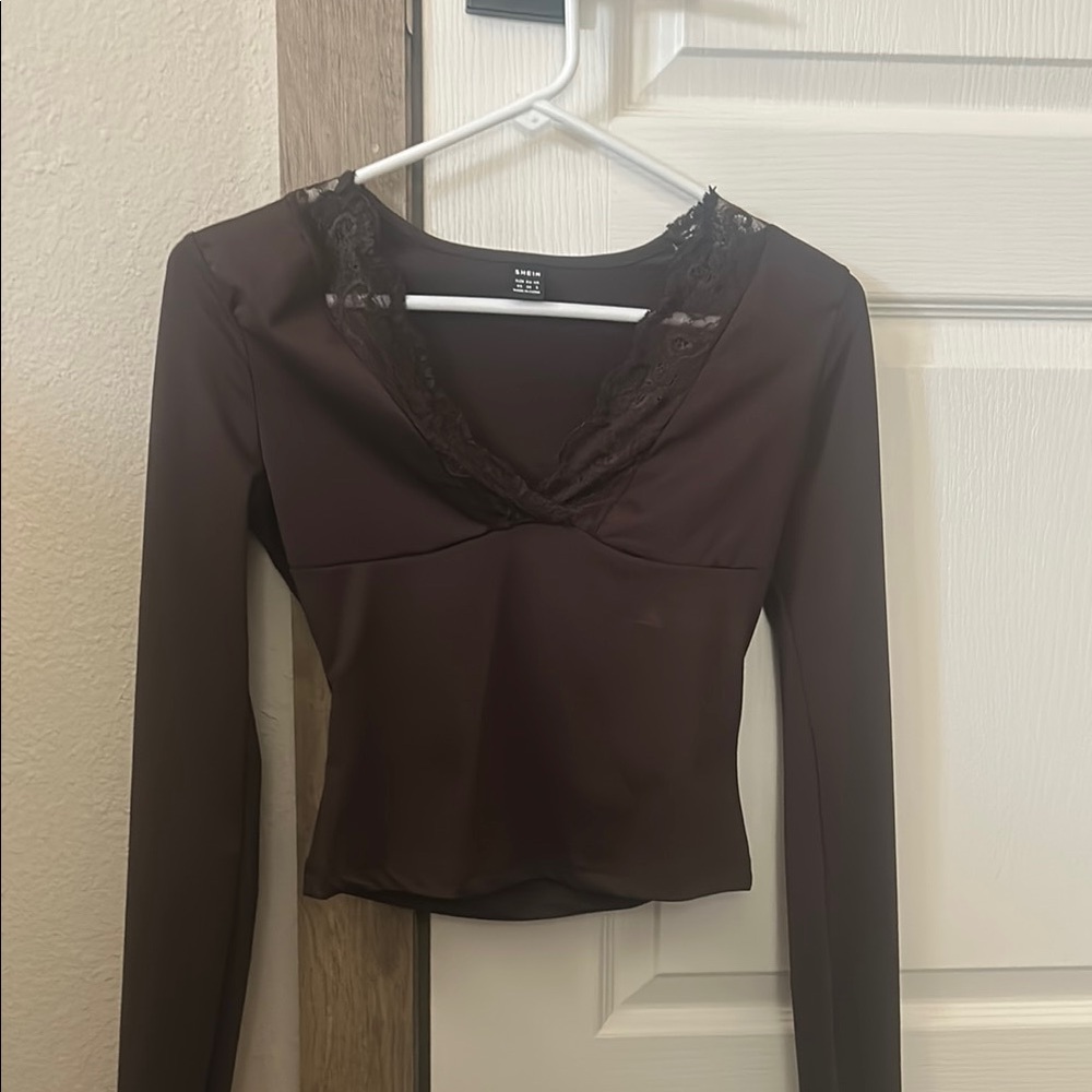 SHEIN Brown Fitted Cut Out Blouse